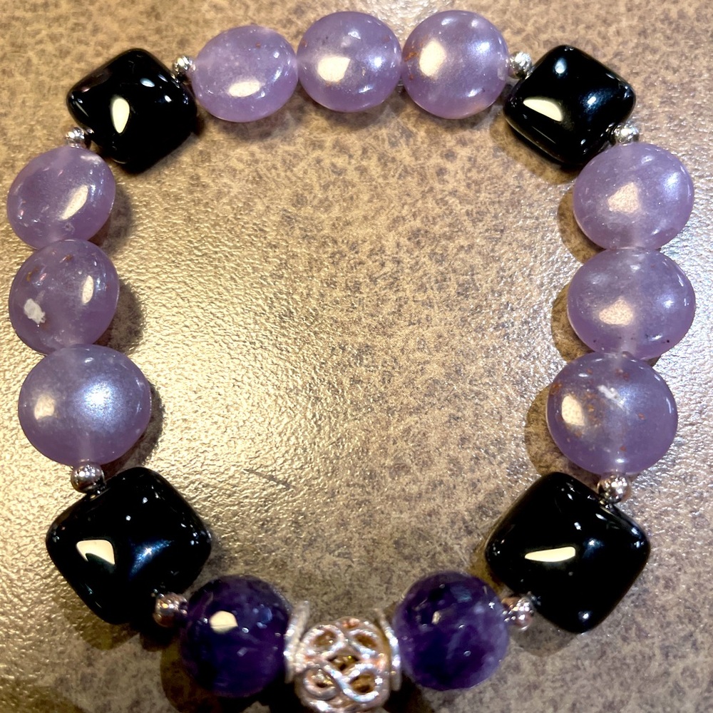 Lepidolite, Amethyst & Onxy Semi-Precious Bracelet w/ 925 Sterling Silver Beads